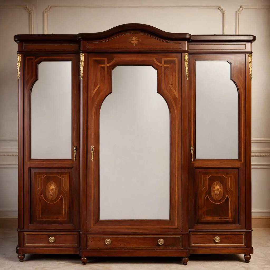Antiker dreitüriger Kleiderschrank mit Spiegeln, hochwertiger Schrank im klassischen Jugendstil mit edlen Intarsien und Messingverzierungen