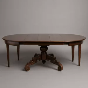 Antiker niederländischer Esstisch aus Mahagoni um 1890, ausgezogen mit drei Einlegeplatten, Zentralsäule und äußeren Stützbeinen