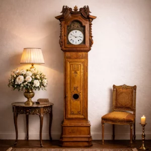 Große antike Standuhr aus Eiche, Frontansicht mit Ziffernblatt und Schnitzereien