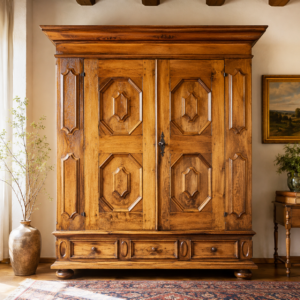 Antiker Elsässer Barockschrank aus massiver Eiche in geschlossener Frontansicht