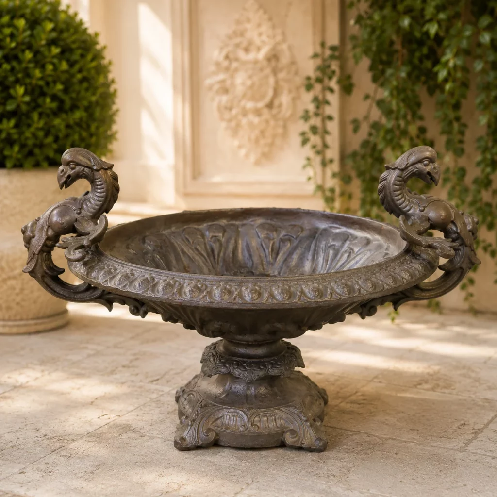 Antike Jardinière aus Gusseisen frontal ohne Bepflanzung