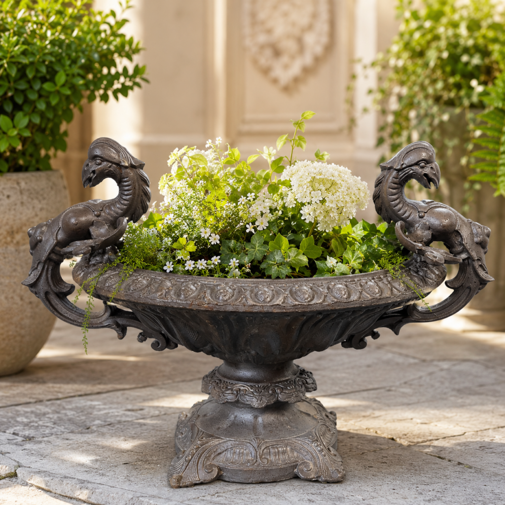 Antike Pflanzschale aus Gusseisen mit Drachenfiguren und Blumen