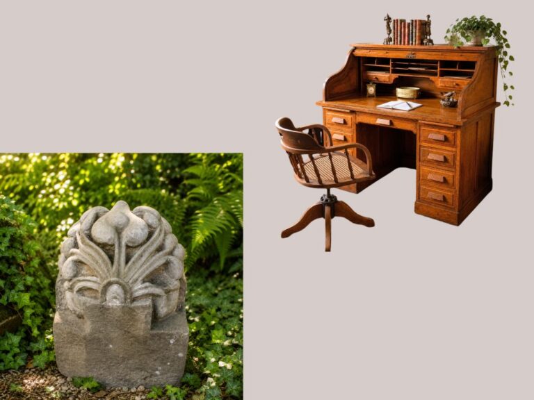 Neuheiten: antiker Schreibtisch, antike Sandstein Skulptur
