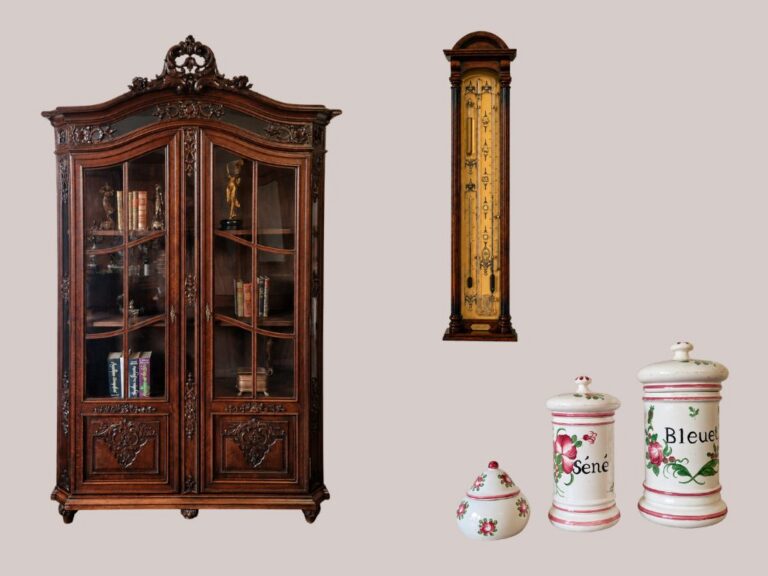 Neuheiten: antike Vitrine, antikes Barometer, antike Apothekerdosen