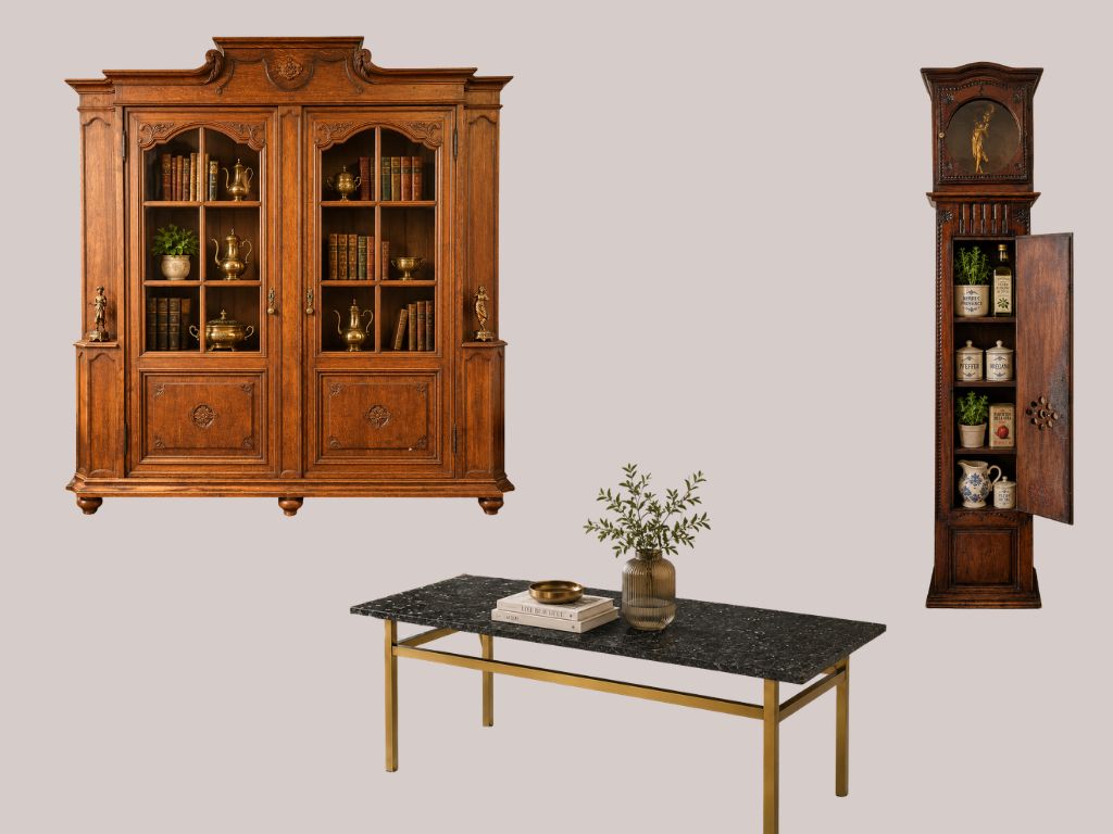 Neuheiten: antike Vitrine, antikes Regal, Couchtisch