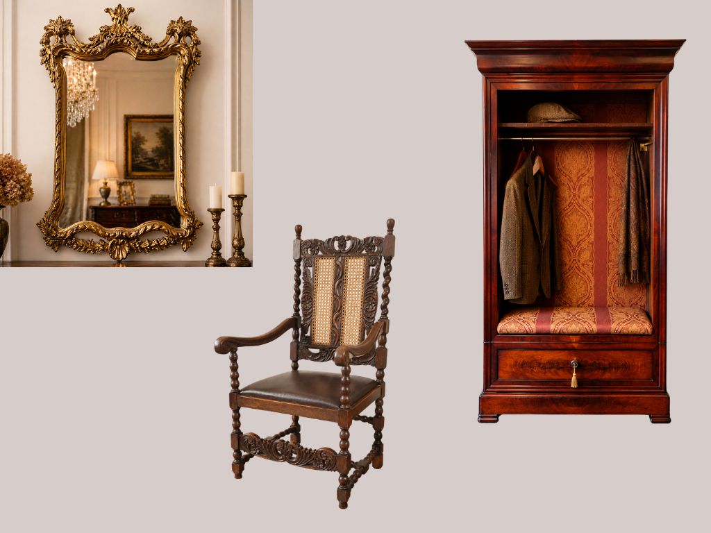 Neuheiten: antiker Spiegel, antiker Armlehnsessel, antike Garderobe