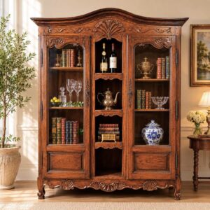 Antike Vitrine Louis XV Frankreich mit Glastüren und stilvoller Dekoration