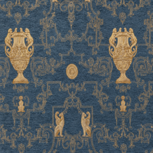 Blau-goldener Chenille Möbelstoff mit Jacquard Muster, Greifen, Amphoren und antiken Ornamenten