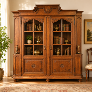 Antiker Jugendstil Bücherschrank aus massiver Eiche mit Schnitzereien und Glastüren um 1900