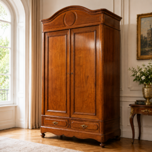 Französischer Jugendstil Kleiderschrank aus Mahagoni und Eiche in schräger Ansicht