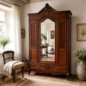 Antiker Mahagoni Kleiderschrank mit großem Spiegel aus Frankreich um 1880