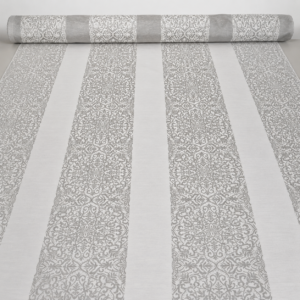 Damast Stoff Silber Grau mit floralem Muster und Streifendesign
