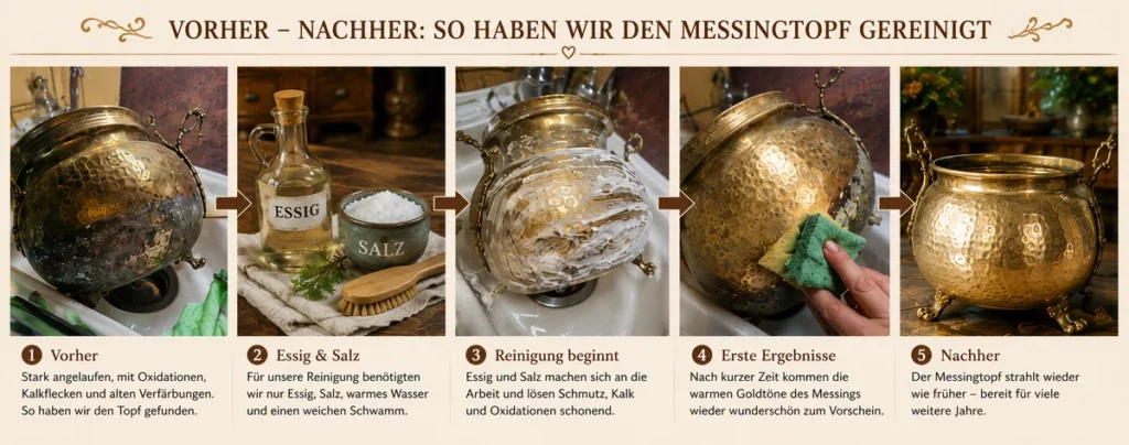 Wie wir einen alten Messingtopf mit Essig und Salz wieder zum Strahlen gebracht haben