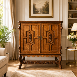 Antike Anrichte aus Holz um 1900 mit kunstvoller Schnitzerei in einem eleganten Wohnzimmer.