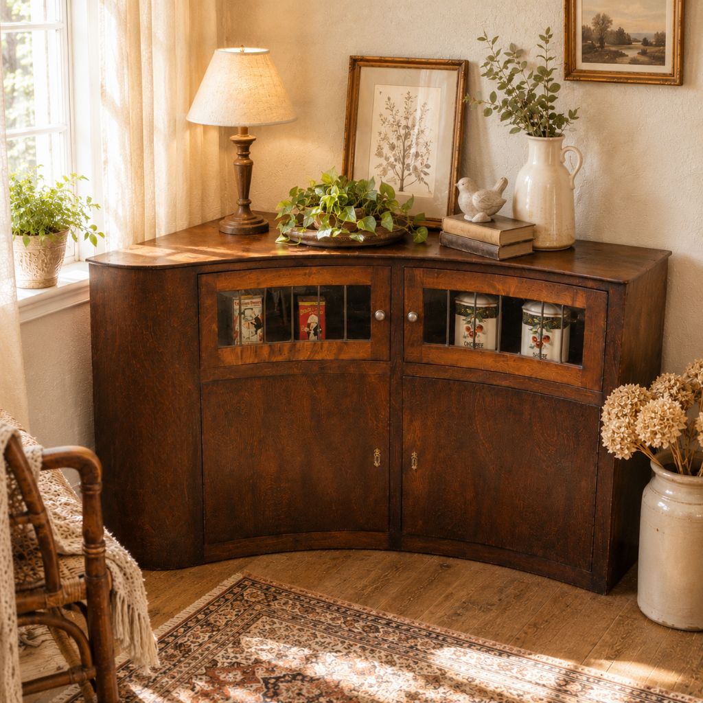 Antiker Jugendstil Eckschrank um 1925 mit Bleiglas