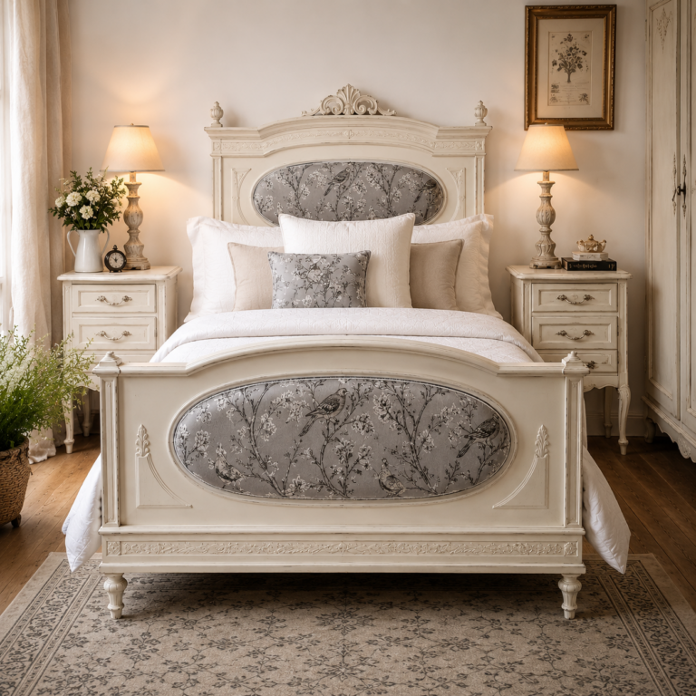 Antikes Jugendstil Bett aus massiver Buche um 1905 mit neu gepolstertem Kopf- und Fußteil im eleganten Vogelmotiv.