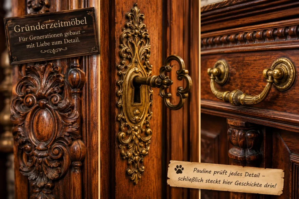 Detailaufnahmen von Holzschnitzereien und Beschlägen eines Gründerzeitmöbels