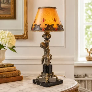 Antike Tischlampe aus Messing mit Putte und Marmorsockel um 1860