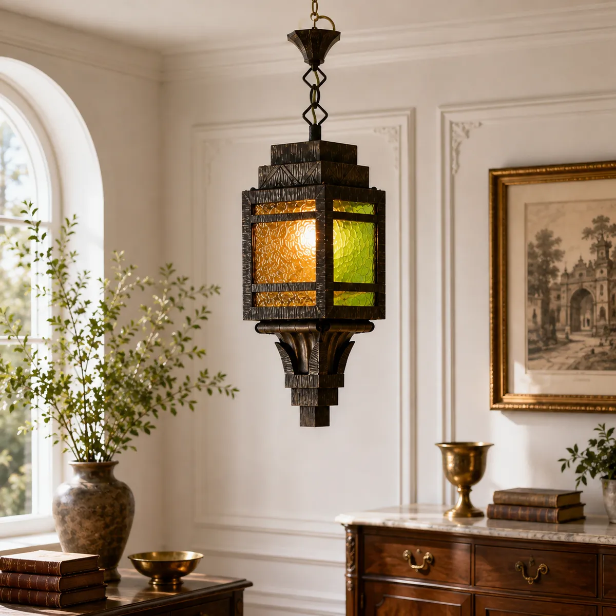 Antike Art Déco Deckenlampe mit Buntglas um 1920
