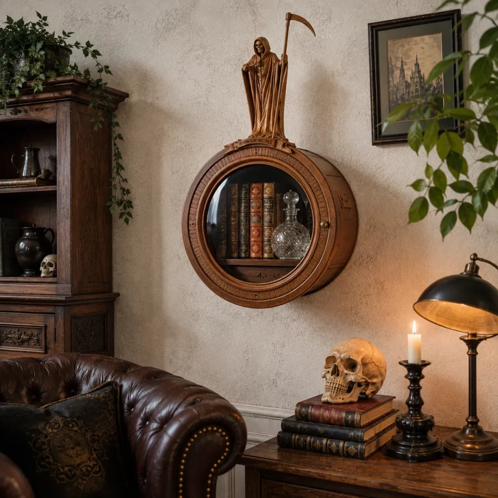 Gothic Wandschrank mit Sensenmann in stilvoller Wohnszene
