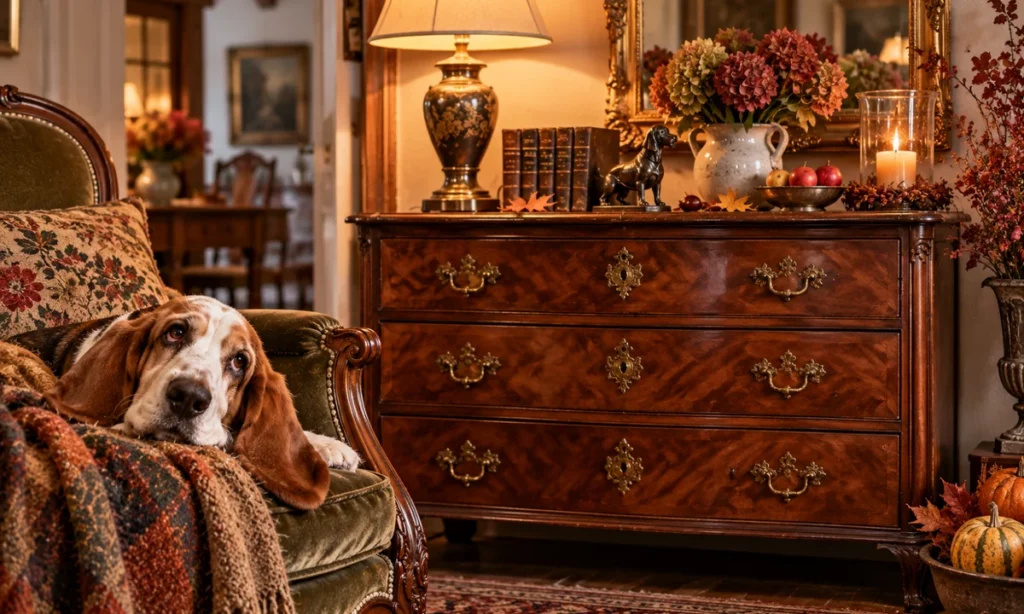 Pauline in einem gemütlichen herbstlichen Wohnzimmer mit Antiquitäten