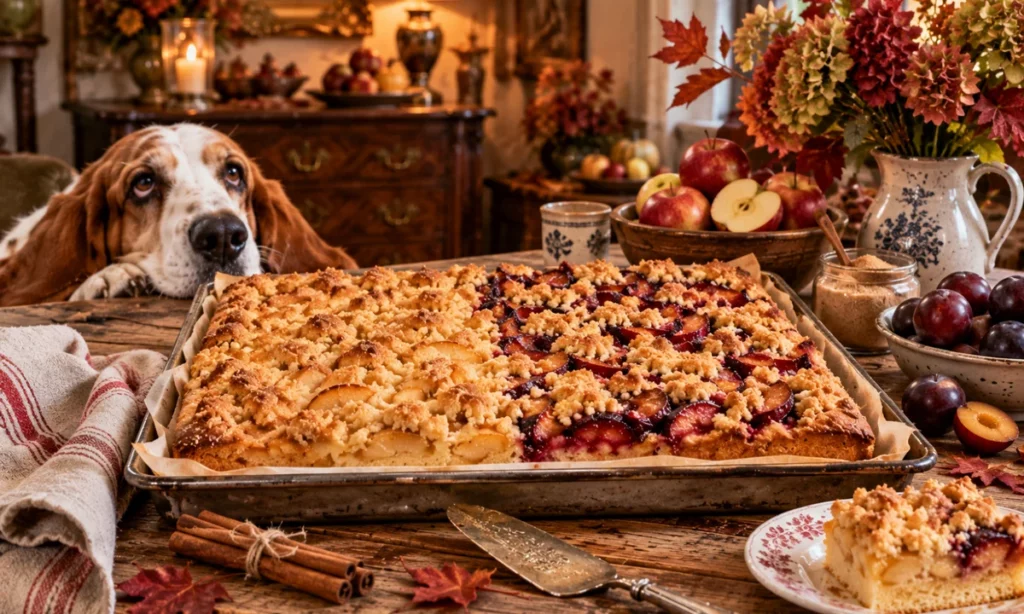 Apfel-Pflaumen-Blechkuchen mit dicken goldenen Streuseln auf einem alten Holztisch
