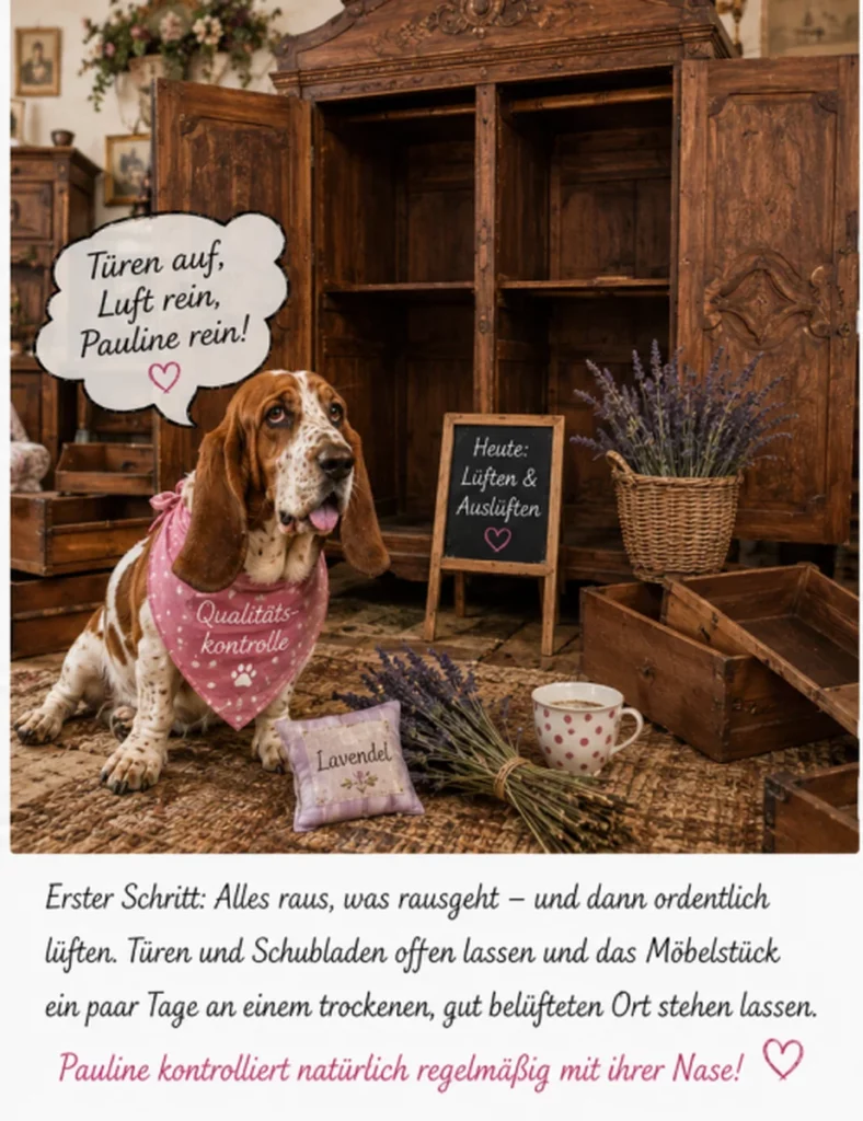 Basset Hound Pauline kontrolliert einen geöffneten antiken Holzschrank beim Lüften gegen unangenehme Gerüche.
