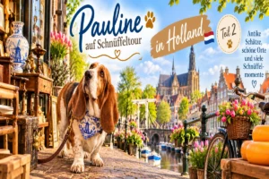 Basset Pauline auf Hollandreise vor historischen Grachtenhäusern – Schnüffeltour in Holland, Teil 2