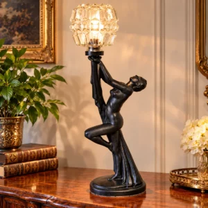 Antike Art-Déco Tischlampe mit Frauenfigur und Glasschirm aus Frankreich um 1930