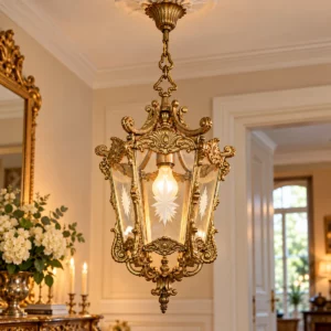 Antike französische Hängelampe um 1900 aus Bronze mit floralen Glasscheiben