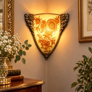 Beleuchtete antike Jugendstil Eckwandlampe mit floralem Glaseinsatz
