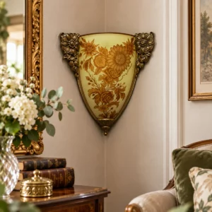 Antike Jugendstil Eckwandlampe Bronze mit floralem Glaseinsatz