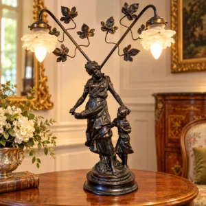 Antike Jugendstil Tischlampe mit Frauenfigur und Kind