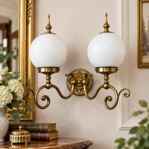 Antike Jugendstil Wandlampe aus Messing mit zwei weißen Glaskugeln