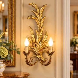 Antike Wandlampe vergoldet mit floralem Blattdekor