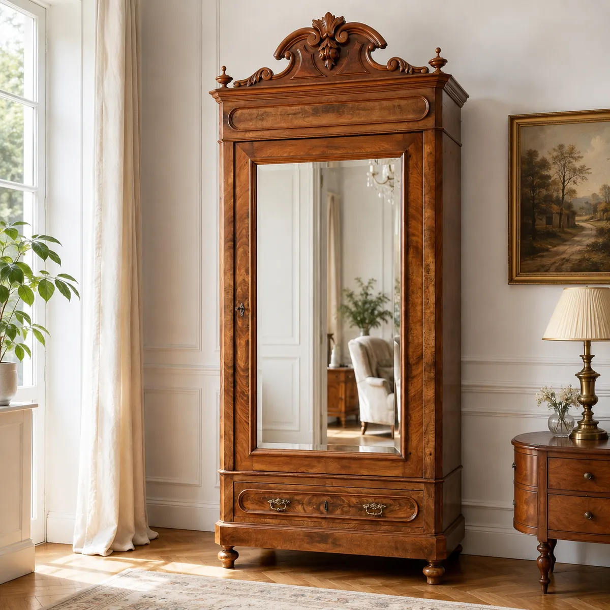 Antiker Kleiderschrank mit floralen Schnitzereien und dekorativer Holzkrone
