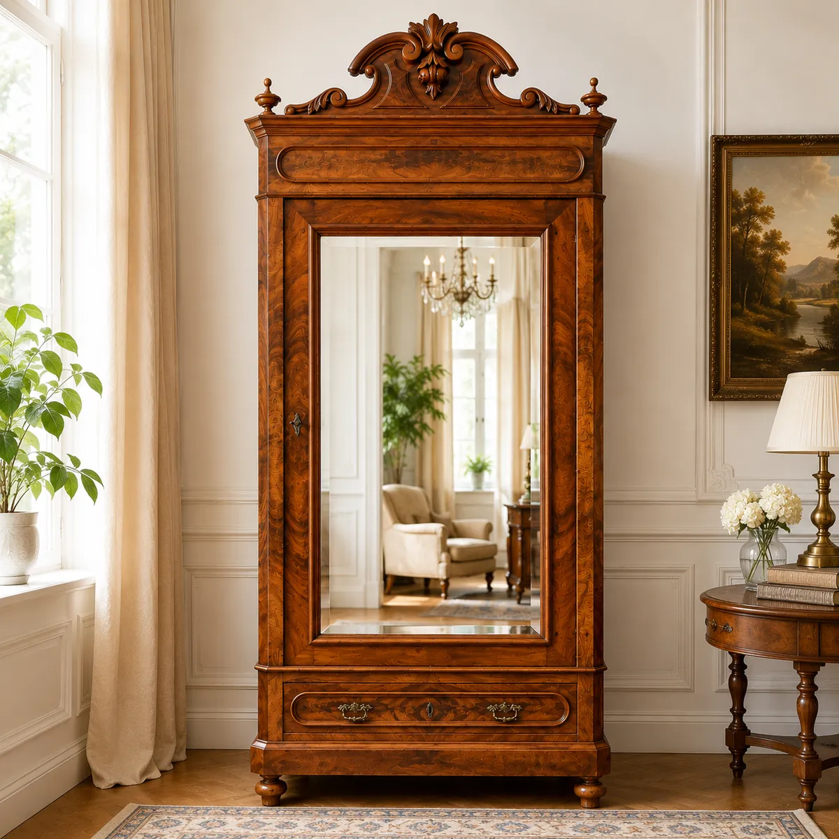 Antiker Kleiderschrank um 1900 aus Holz mit floralen Schnitzereien und Spiegeltür