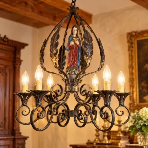 Antiker Kronleuchter mit Madonna aus Schmiedeeisen