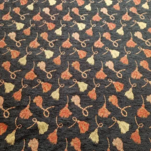 Hochwertiger englischer Chenille Manufakturstoff mit Quastenmuster in Schwarz Rot und Gold