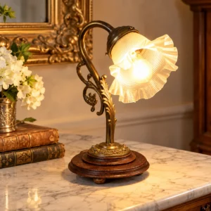Antike Jugendstil Tischlampe um 1910 aus Messing mit Glasschirm