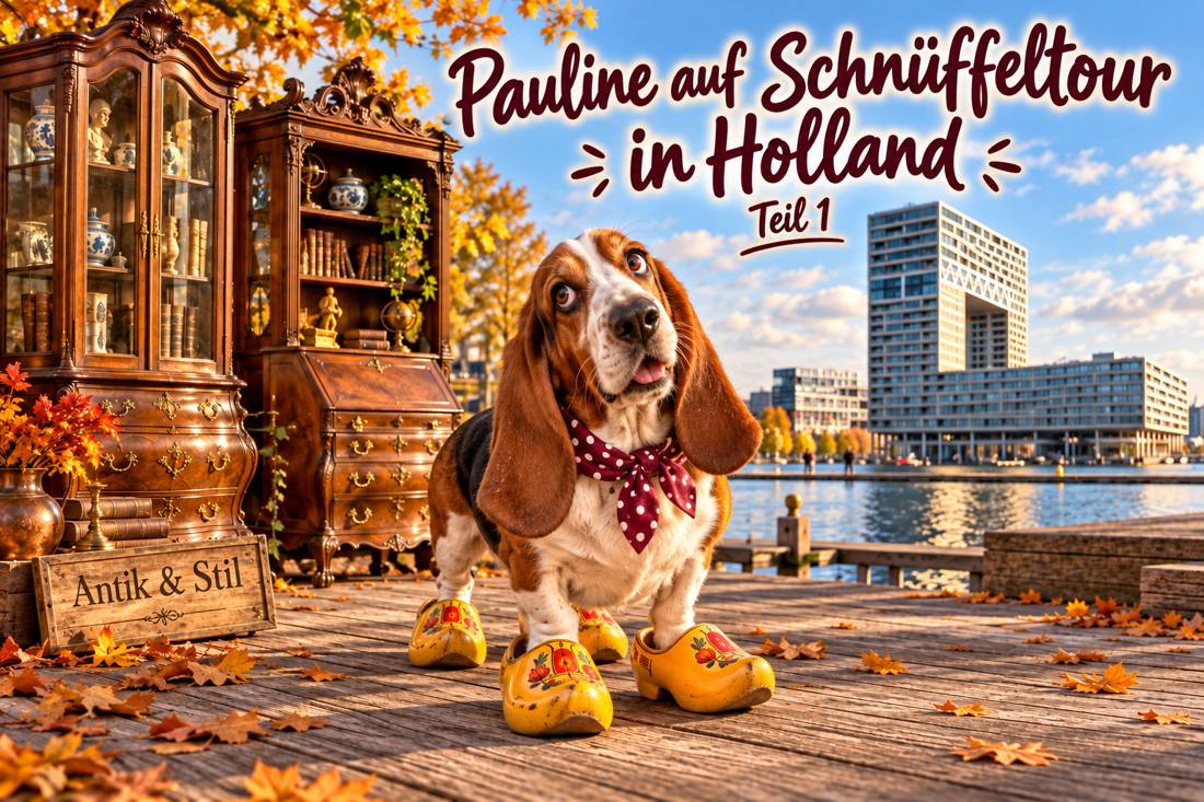 Pauline mit Holzpantoffeln zwischen holländischen Antiquitäten und moderner Architektur