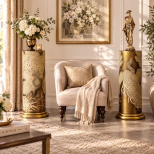 Vintage Pfauen-Säule mit dekorativer Vase im Wohnraum