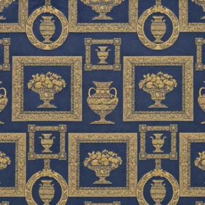 Blau goldener Polsterstoff als hochwertige englische Manufaktur Meterware mit Amphorenmuster