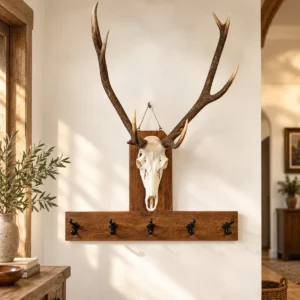 Vintage Garderobe mit Hirschgeweih und Hirschschädel aus massiver Eiche