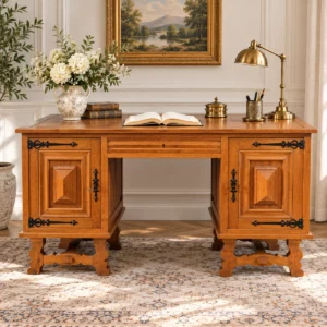 Antiker Schreibtisch aus massiver Eiche um 1900 mit zwei Türen, Schublade und originalen Eisenbeschlägen