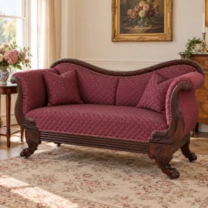 Antikes Biedermeier Sofa aus Mahagoni mit bordeauxrotem Musterstoff und kunstvollen Holzschnitzereien in Frontalansicht