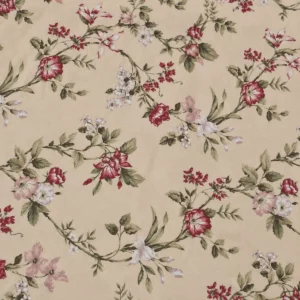 Glatt ausgebreiteter englischer Baumwollstoff mit Blumenmuster in Beige, Rot, Rosé und Grün