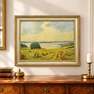 Antikes Ölgemälde Landschaft mit See und Getreidegarben, signiert 1936