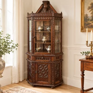 Antike gotische Vitrine aus massiver Eiche mit Spitzgiebel, Glastür und kunstvollen Schnitzereien in Gesamtansicht