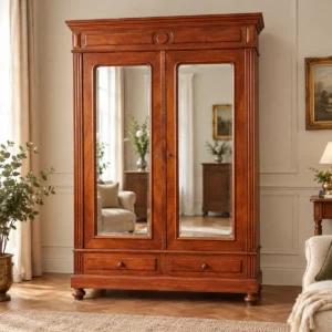 Antiker Mahagoni Kleiderschrank um 1880 mit zwei Facettenspiegeln und Schubladen